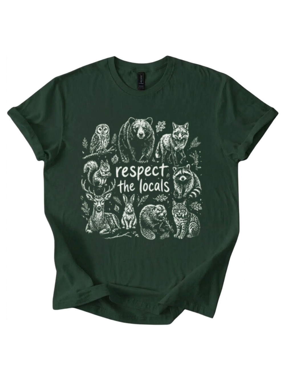 Gildan Respect the Locals Dark Green Graphic Tee - Forest Wildlife Design